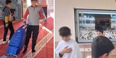 Çocuklara maket Kabe etrafında tavaf ettirilip cami temizlettiler